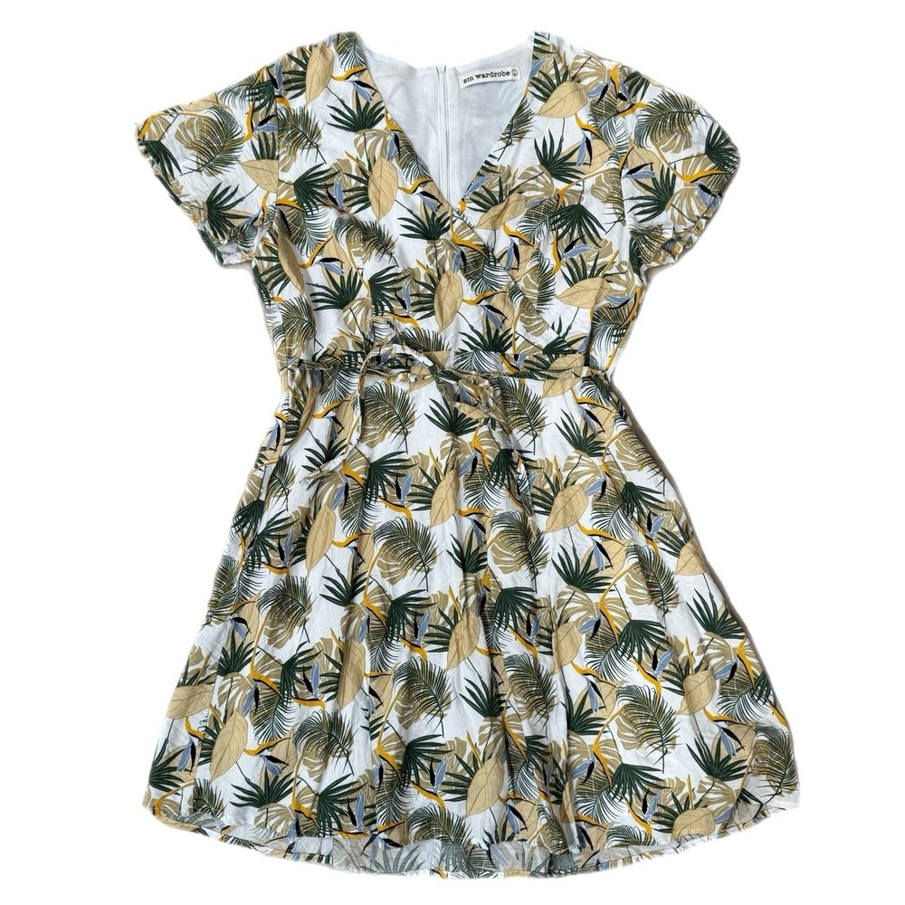 SM Wardrobe Tropical Mini Dress Palm Bird of Paradise Green Tan White Size Large